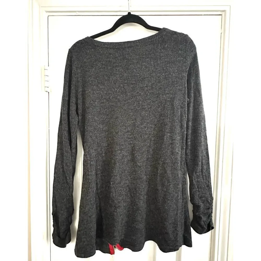 PATRIZIA LUCA Milano Gray Zipper-Detail Tunic Sweater Top Ruched Sleeve - Sz M